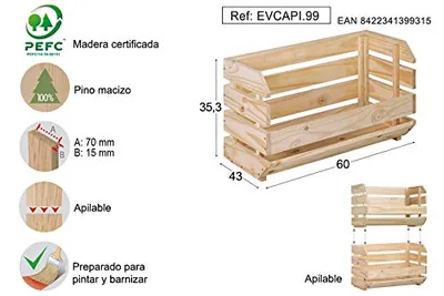 Astigarraga Caja apilable de madera maciza de pino 35,3x60x28,5 cm – foto 3