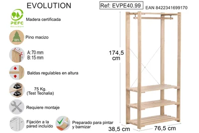 Astigarraga Vestidor de madera Evolution de pino macizo 76,5x38,5 cm – foto 4