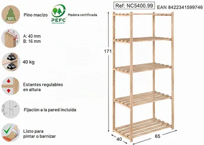 Astigarraga NC540099 estantería alistonada Natura 5 baldas 40 cm – foto 8