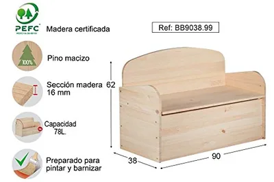 Astigarraga Banco baúl infantil de madera maciza de pino 62x90x38 cm – foto 4
