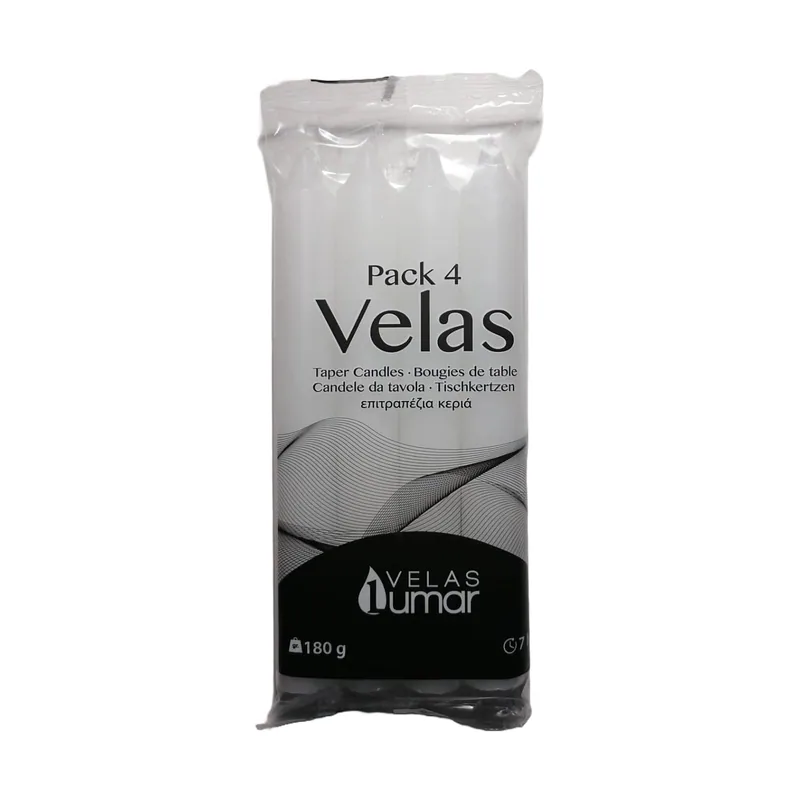 Velas Lumar Pack 4 velas bancas talla 18 cm - pack de 12 unidades