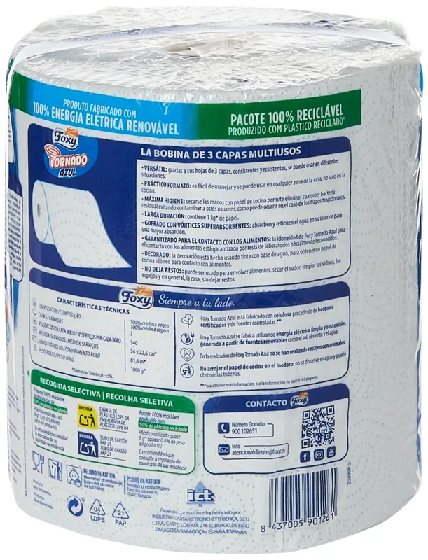 Foxy 1460155 Tornado azul papel de cocina 3 capas decorado